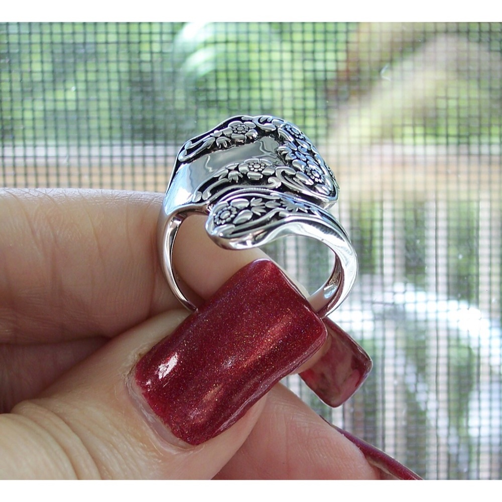 925 STERLING SILVER Vintage Style Flowers Spoon Ring - Picture 6 of 15